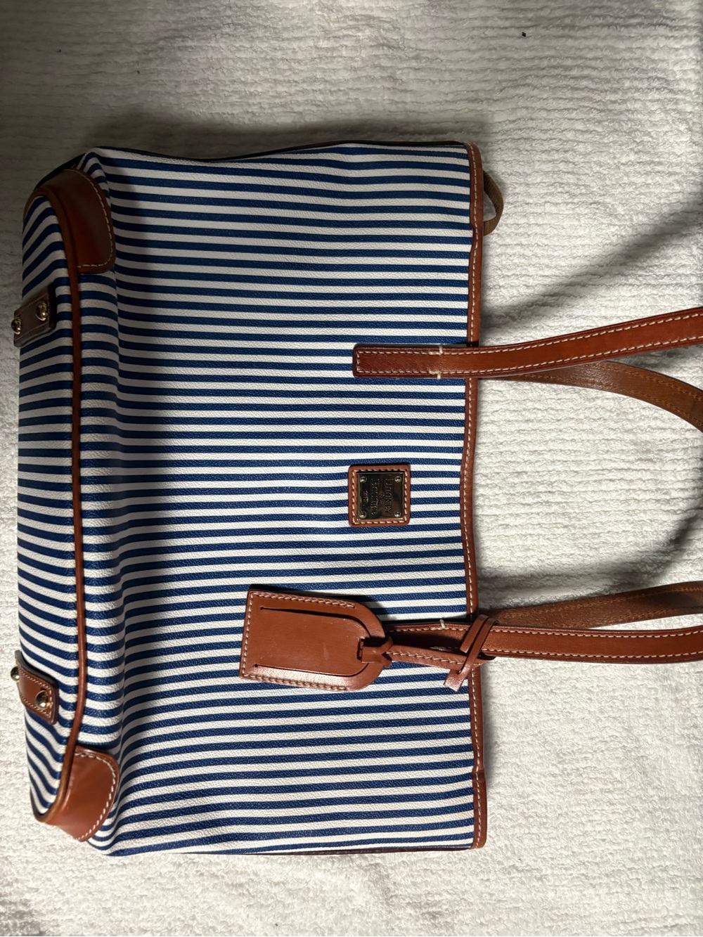Dooney & Bourke Navy and White Striped Tote with Brown Trim